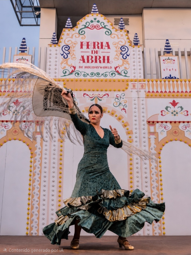 Amanda de Paula en Feria de Abril Holidayworld Maspalomas Gran Canaria — vuelo de mantón traje verde