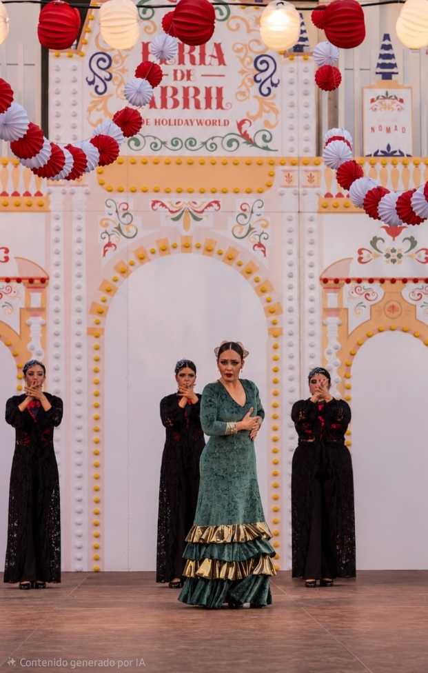 Amanda de Paula dirigiendo el cuerpo de baile Gran Canaria Flamenco Estudio — Feria de Abril Holidayworld Maspalomas