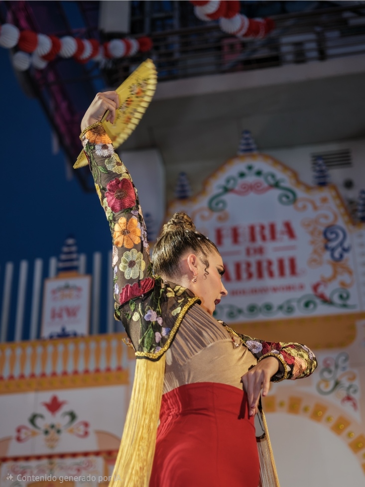 Amanda de Paula con abanico dorado Feria de Abril Holidayworld Maspalomas Gran Canaria